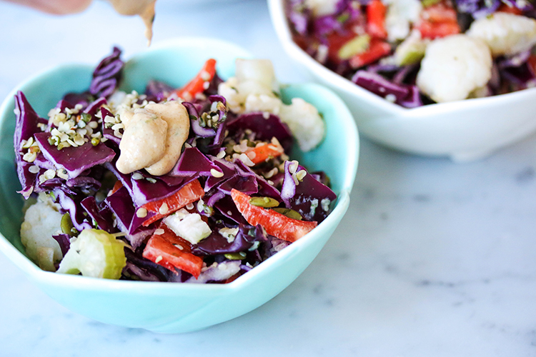 Red Cabbage salad with Tahini Lemon Dressing