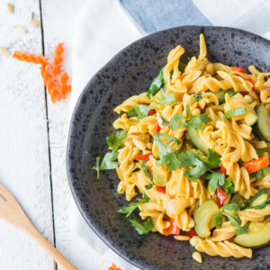Red lentil pasta with courgette and lime