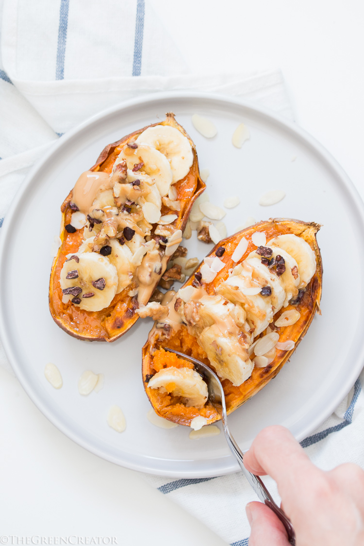 Sweet Potato Boats on white plate with fork