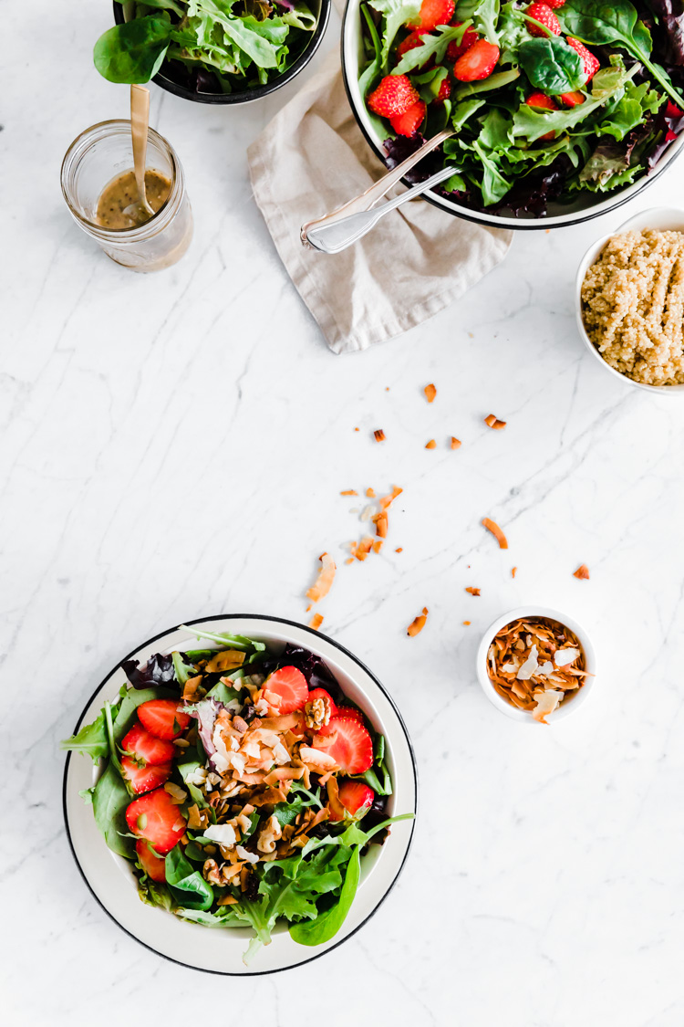 Green Strawberry Salad with Mixed Nuts and Chia Seed Dressing