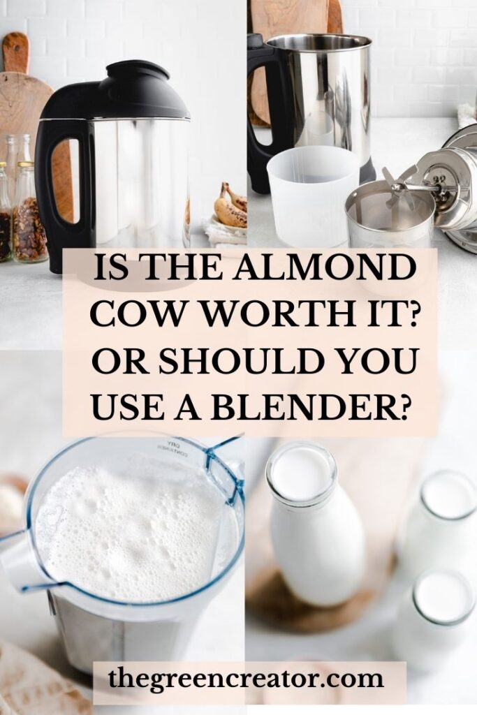 several photos with the almond cow and a blender with plant based milk