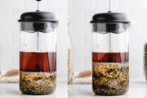 two french press with herbal tea and water in front of a white backdrop