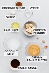 Ingredients for Vietnamese peanut sauce on a light grey backdrop in several small bowls with the names of the ingredients next to it