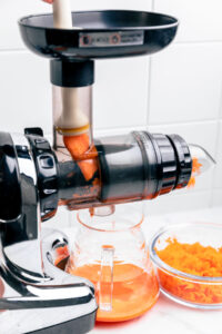 a horizontal juicer with a piece of carrot in the juicer