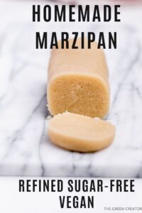 log of marzipan on white marble with one slice cut with pinterest text