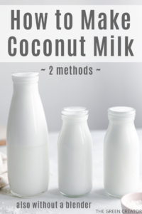 three different size glass bottles with coconut milk with white background