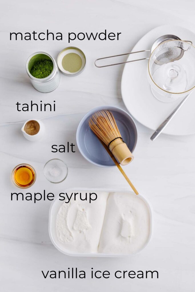 Ingredients for matcha affogato including matcha powder, tahini, salt, maple syrup, and vanilla ice cream.