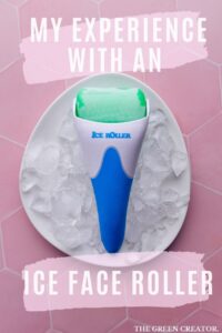 ice face roller on a white plate with ice cubes on a pink tile backdrop