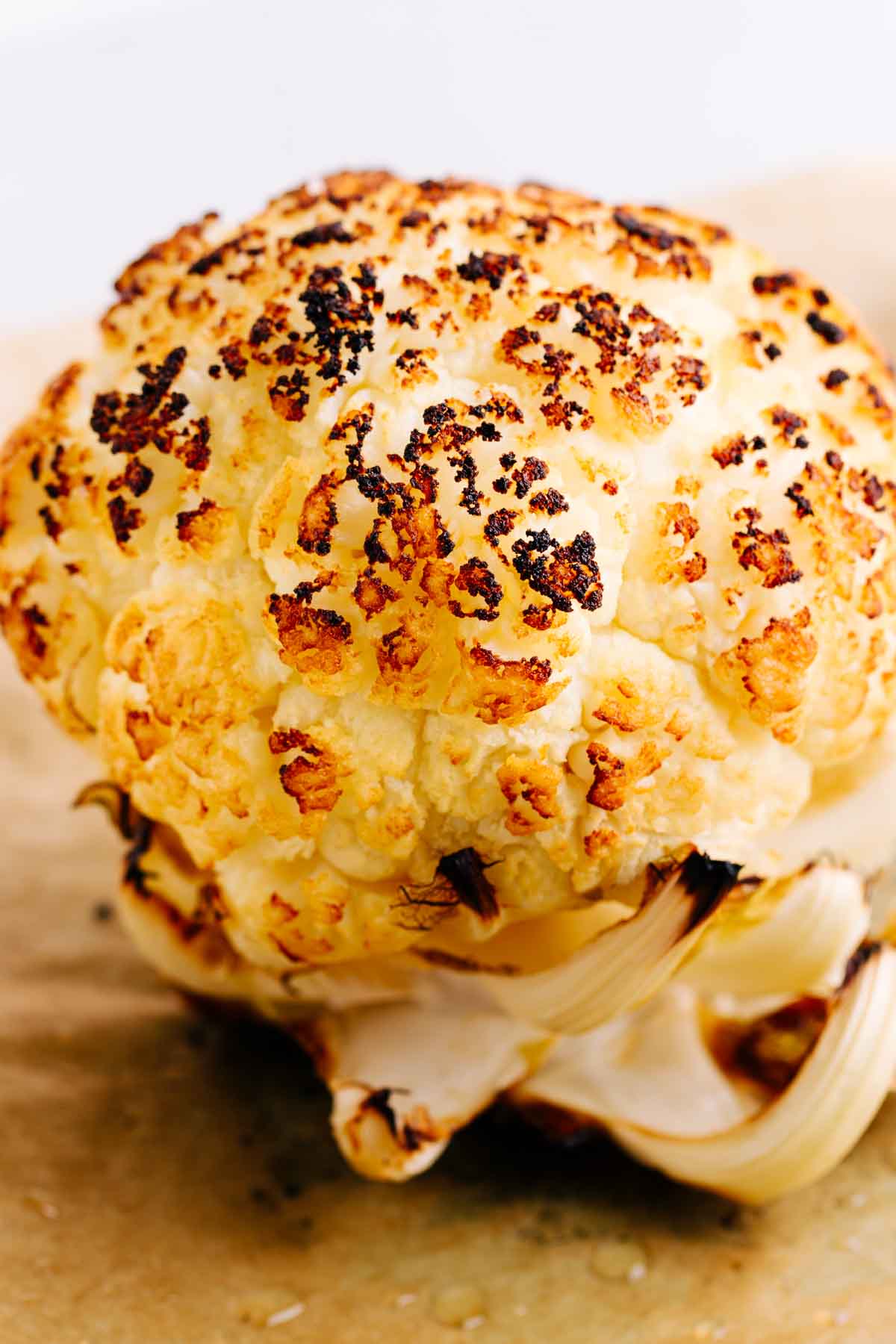 Brown parchment paper with a whole head of fully brown and black roasted cauliflower on it in front of a white tiled backdrop.