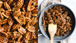 sticky cooked candied pecans in blue skillet with wooden spatula