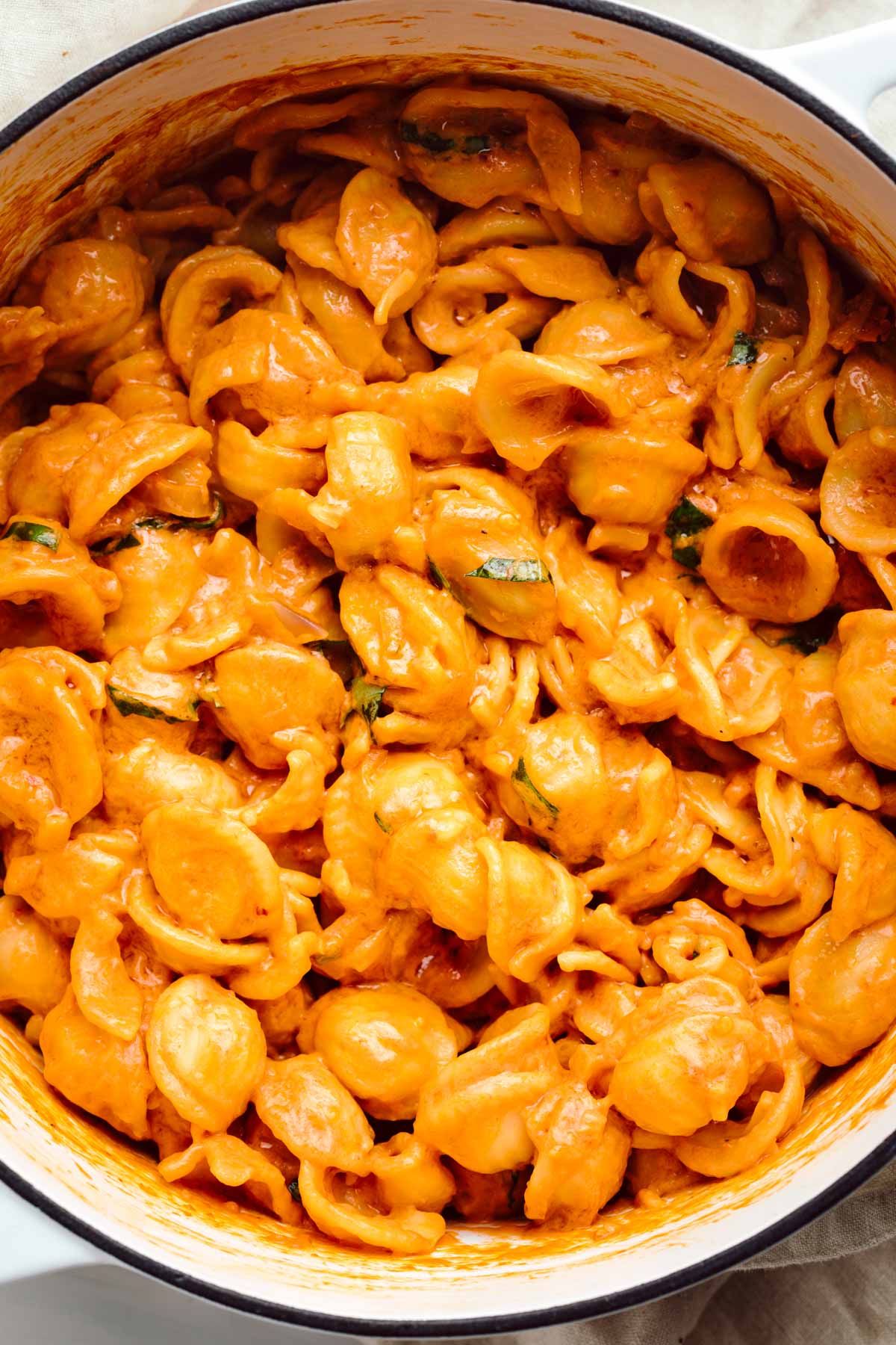 A close up of orange colored shell pasta in a white pot with some mixed chopped basil visible through the pasta.